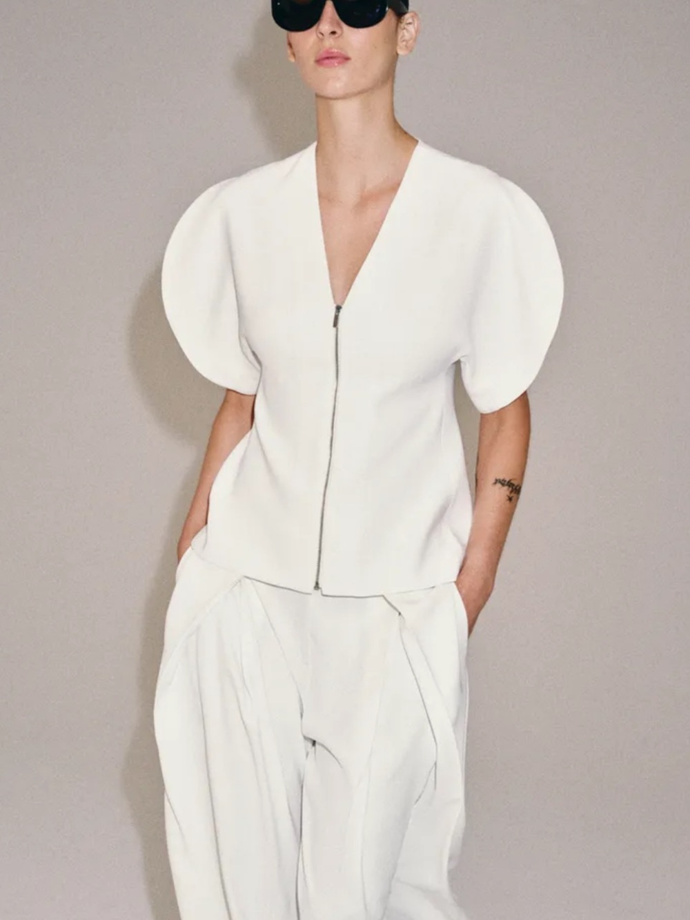 ZARA 6114/198 White Zip Front Puff Sleeve Blouse Top NWT XL